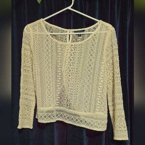 American Eagle Outfitters Cream Crochet Lace Long Sleeve Top